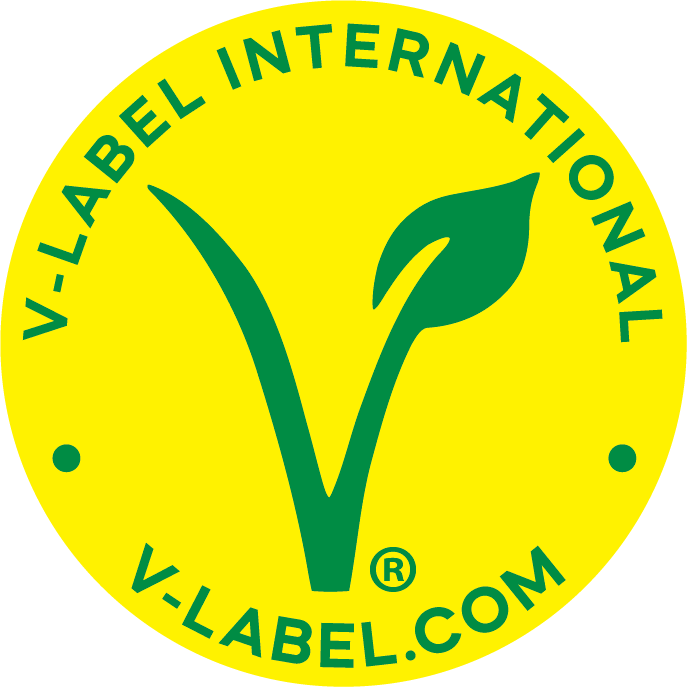 Kreisrundes gelbes Logo, in der Mitte eine schematisch dargestellte Pflanze und am Rand der Schriftzug: V-Label international, V-Label.com